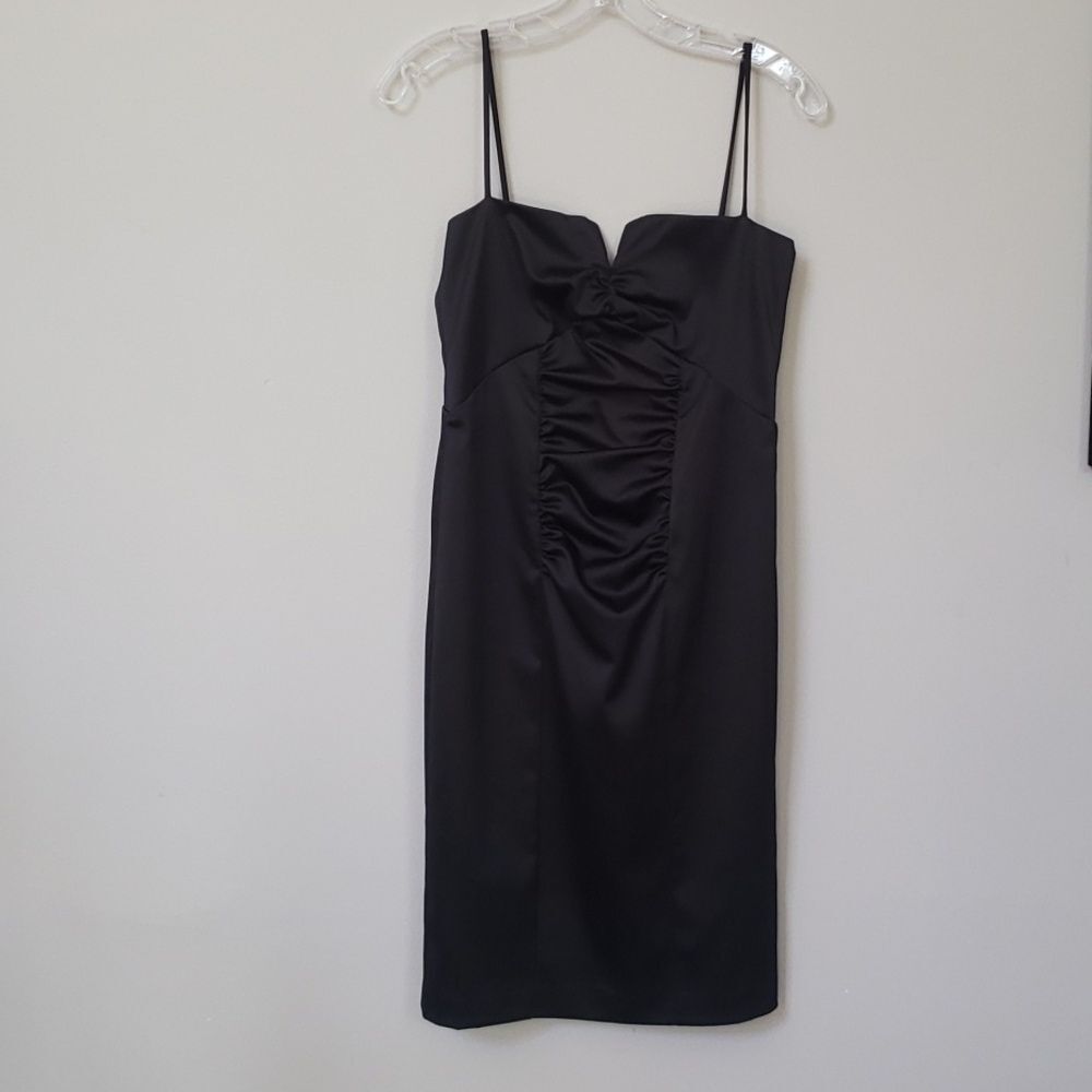 Eliza J Black Satin Spaghetti Strap Ruched Dress